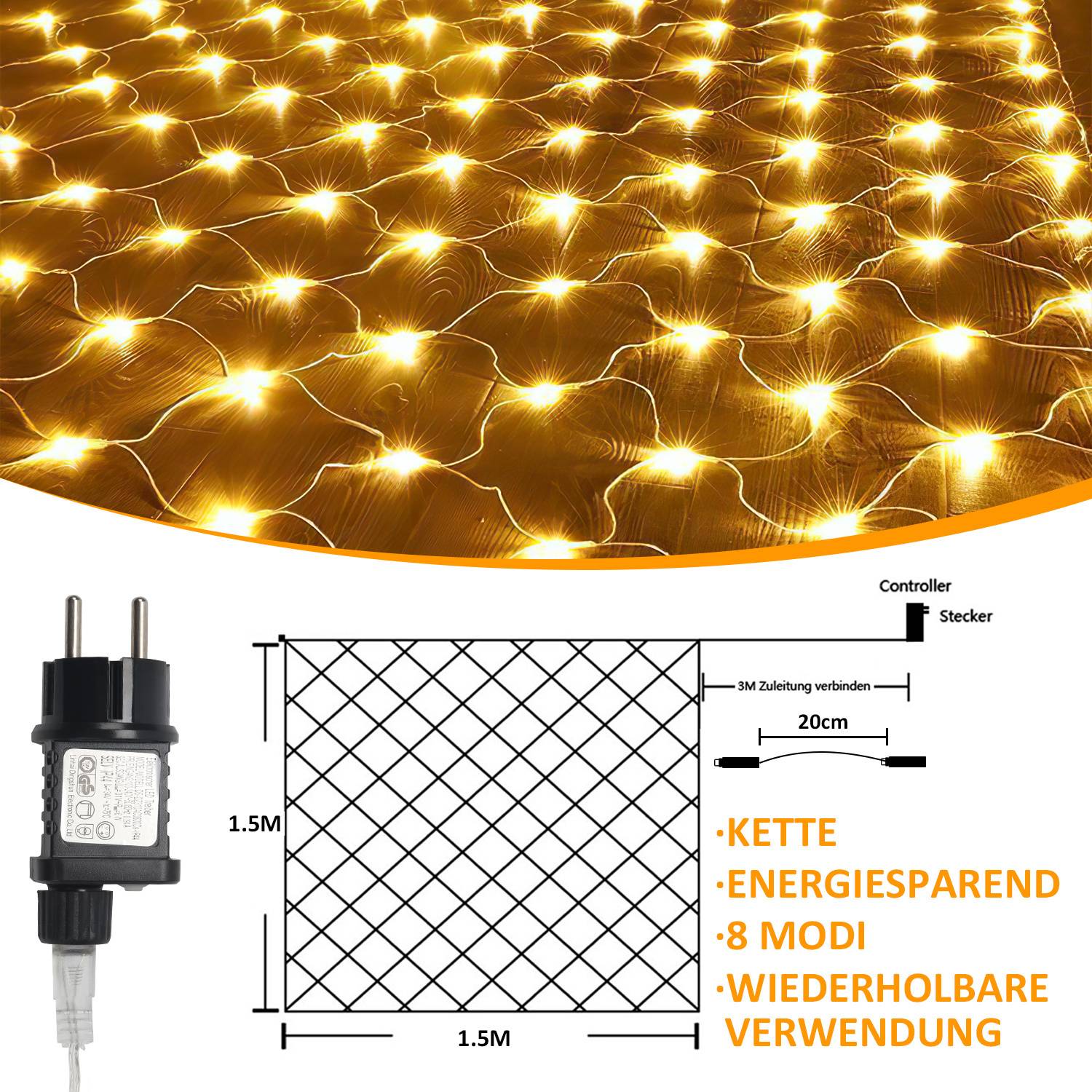 LED Lichternetz Lichterkette 1.5x1.5m 96 LEDs 8 Modi Wasserdicht Lichterkette für Außen Innen Weihnachten Party Garten Deko Warmweiß