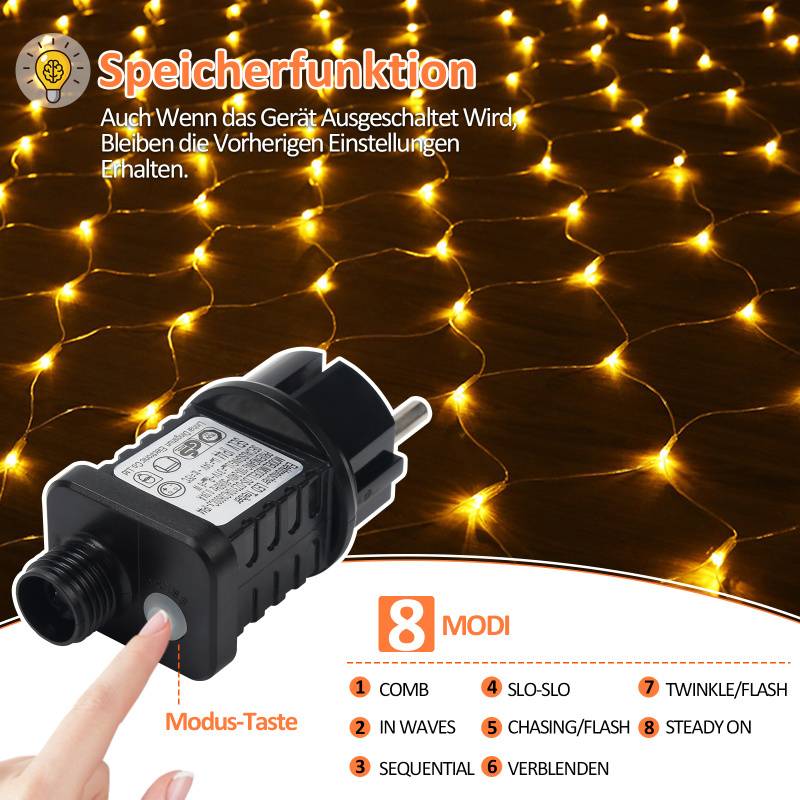 LED Lichternetz 1.5x1.5m 96 LEDs Warmweiß Lichterkette IP44 8 Beleuchtungsmodi Speicherfunktion für Innen & Außen mit Transparent Kabel