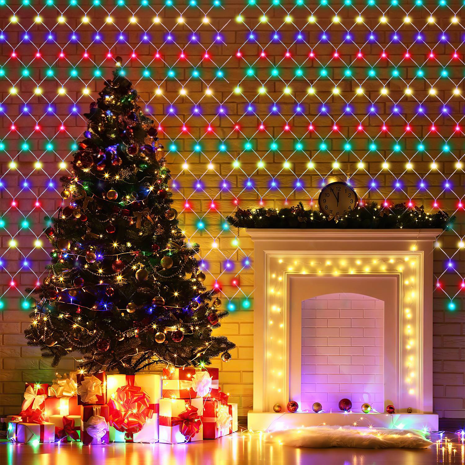 LED Lichternetz 4.5x1.6m 300 LEDs Bunt Lichterkette IP44 8 Beleuchtungsmodi Speicherfunktion für Innen & Außen mit Transparent Kabel