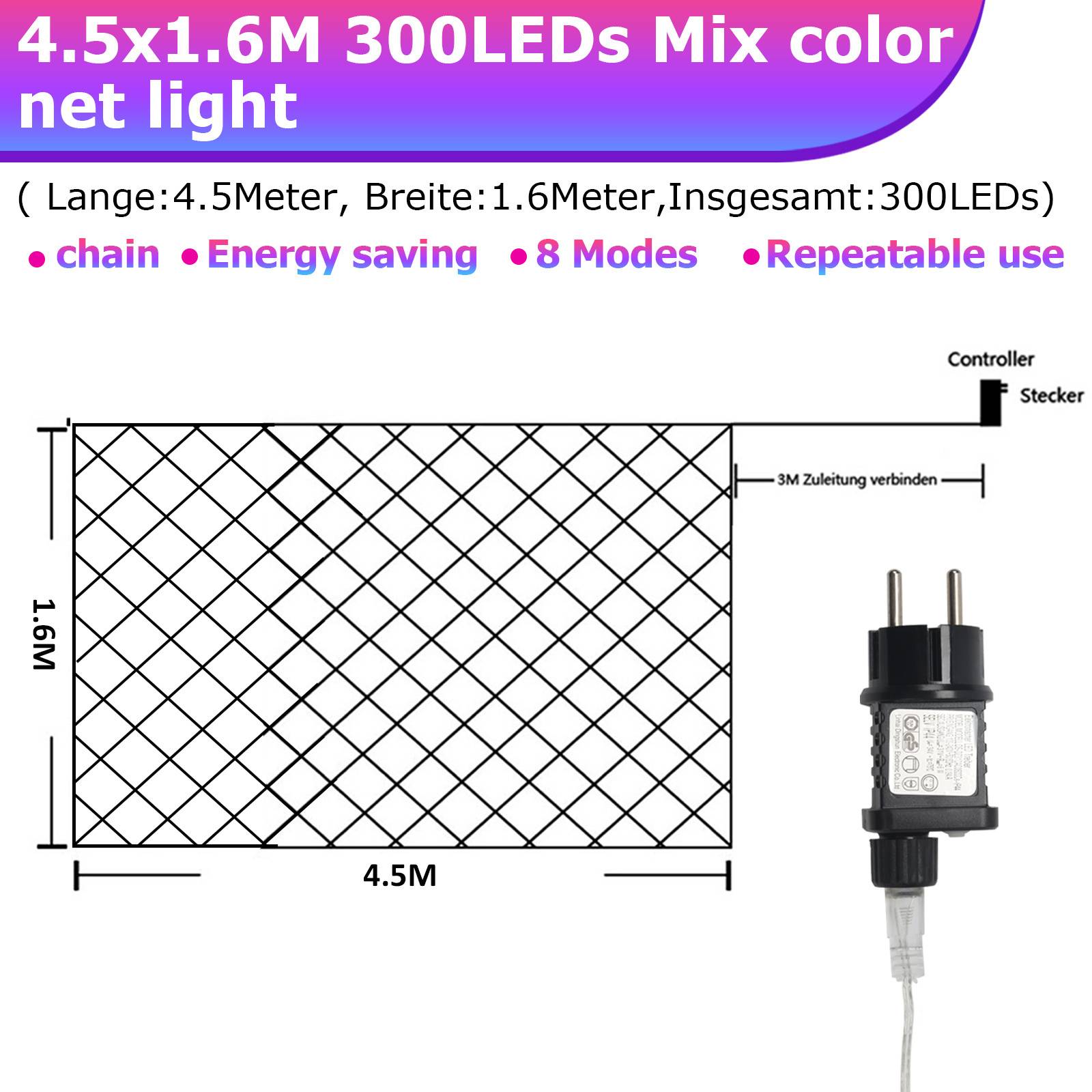 LED Lichternetz 4.5x1.6m 300 LEDs Bunt Lichterkette IP44 8 Beleuchtungsmodi Speicherfunktion für Innen & Außen mit Transparent Kabel