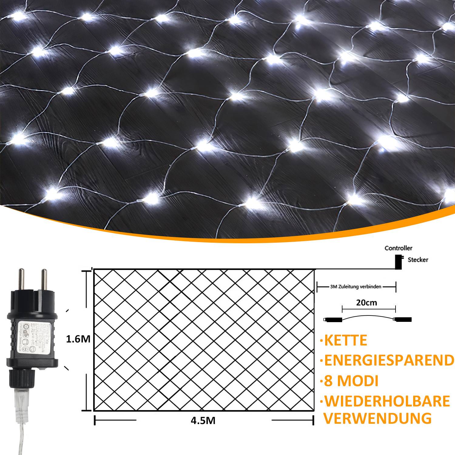 LED Lichternetz Lichterkette 4.5x1.6m 300 LEDs 8 Modi Wasserdicht Lichterkette für Außen Innen Weihnachten Party Garten Deko Kaltweiß