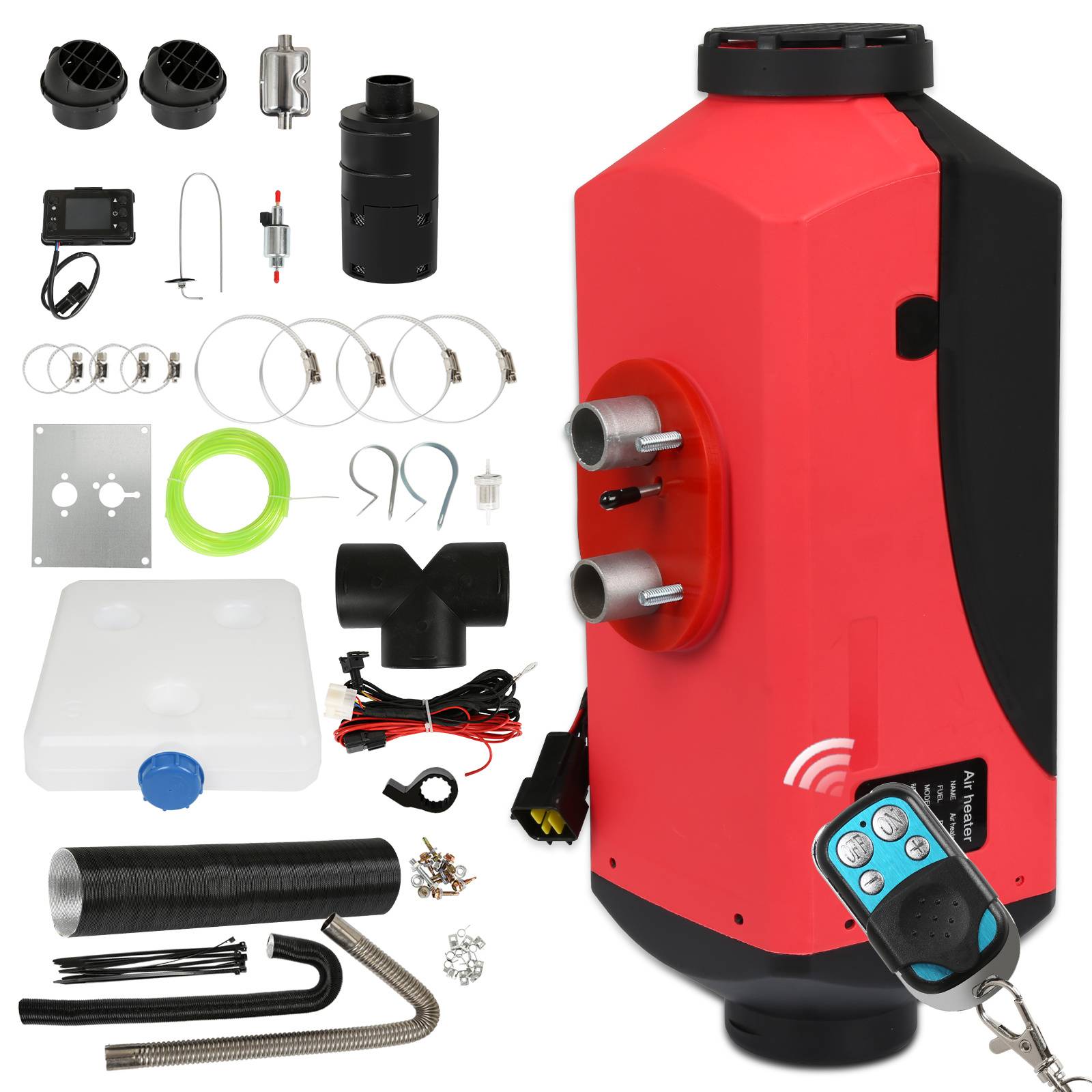Tragbares rot-schwarzes Diesel-Luftheizer-Set mit Fernbedienung, Kraftstoffleitungen, Kanälen, Verkabelung, Lüftungsöffnungen, Schellen und Montageteilen, ausgelegt zur Installation.