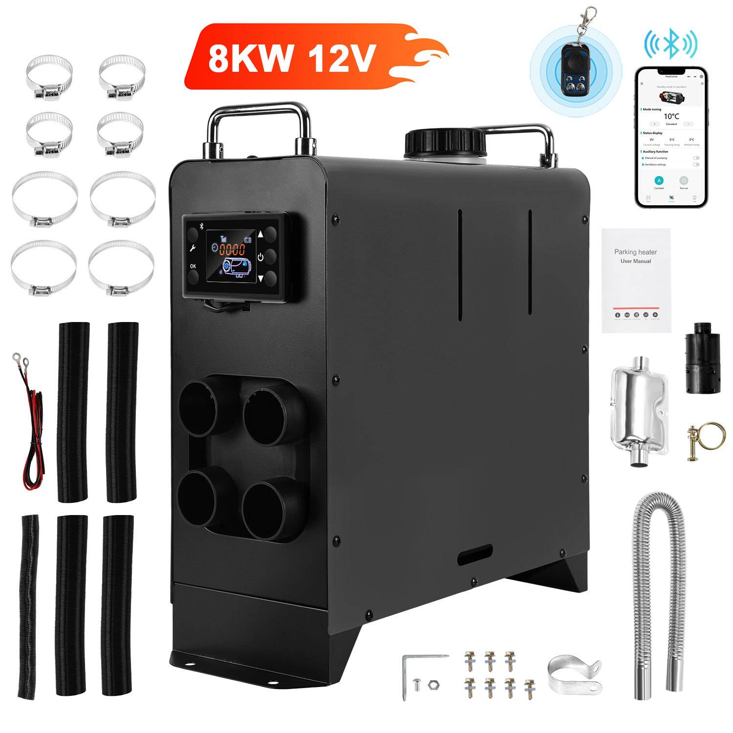8KW 12V Diesel-Luftheizer-Set mit Hauptheizgerät, Smartphone-App-Steuerung, Kanälen, Lüftungsöffnungen, Schellen, Abgasrohr und Montageteilen.