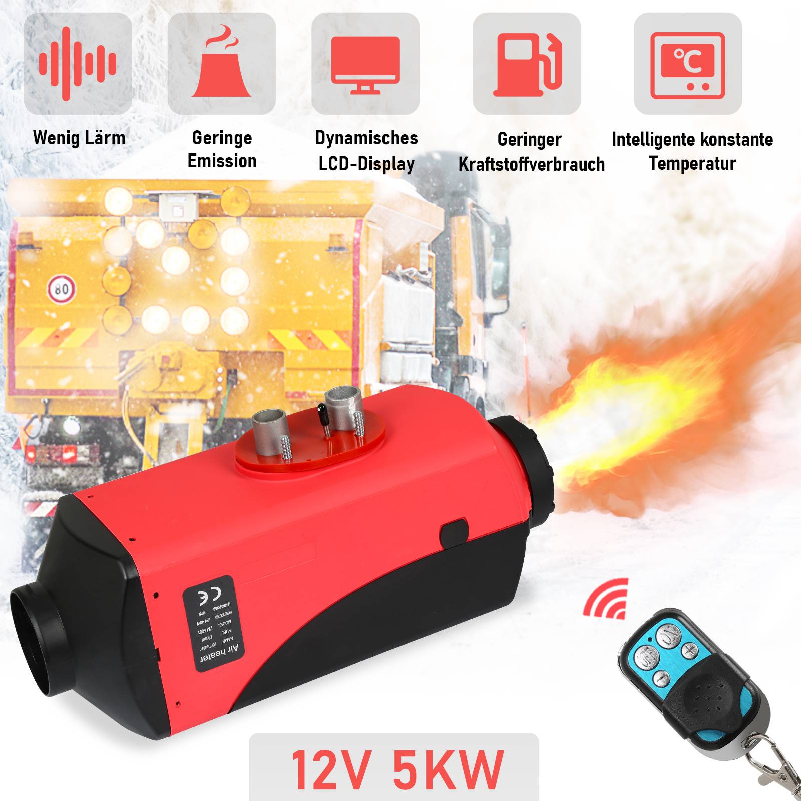 Tragbarer roter Dieselheizer mit Fernbedienung, der warme Luft ausbläst; die aufgelisteten Merkmale auf Deutsch umfassen niedriger Lärmpegel, niedrige Emissionen, LCD-Display, niedriger Kraftstoffverbrauch und konstante Temperatur.