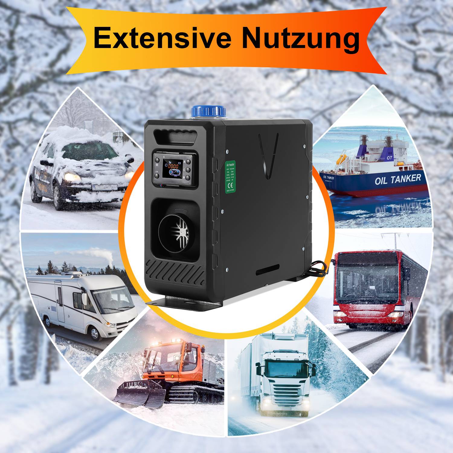 Tragbarer Heizer oder Stromgerät mit der Bezeichnung "Extensive Nutzung"" wird als geeignet für viele Fahrzeuge und Anwendungen dargestellt, einschließlich Autos, Lieferwagen, Lastkraftwagen und einen Öltanker.