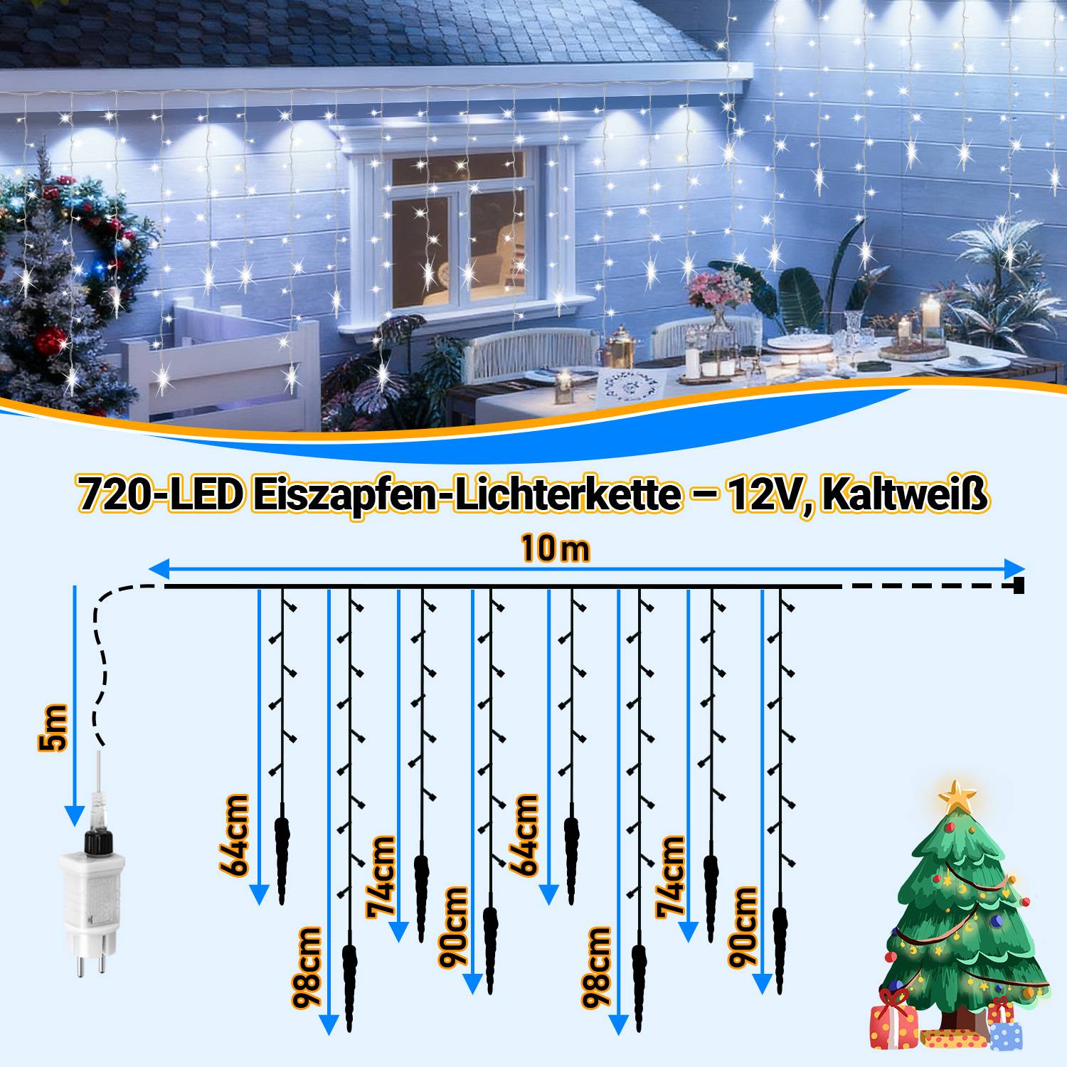 Diagramm einer 720er-LED-Eiszapfenlichtkette für den Außenbereich, 12V Kaltweiß, mit 10m Länge und 5m Fallhöhe mit 64-90cm Aufhängungsabschnitten.