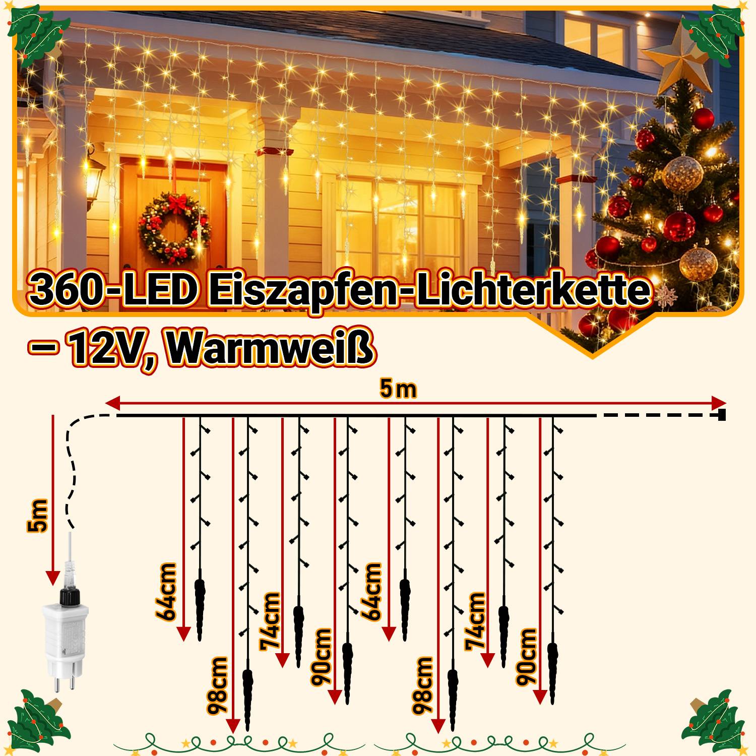 Weihnachts-360-LED Warmweiß-Eiszapfenlichterkette, 5m x 5m, mit Hängelängen von 64, 74, 90 und 98 cm und 12V-Stecker.