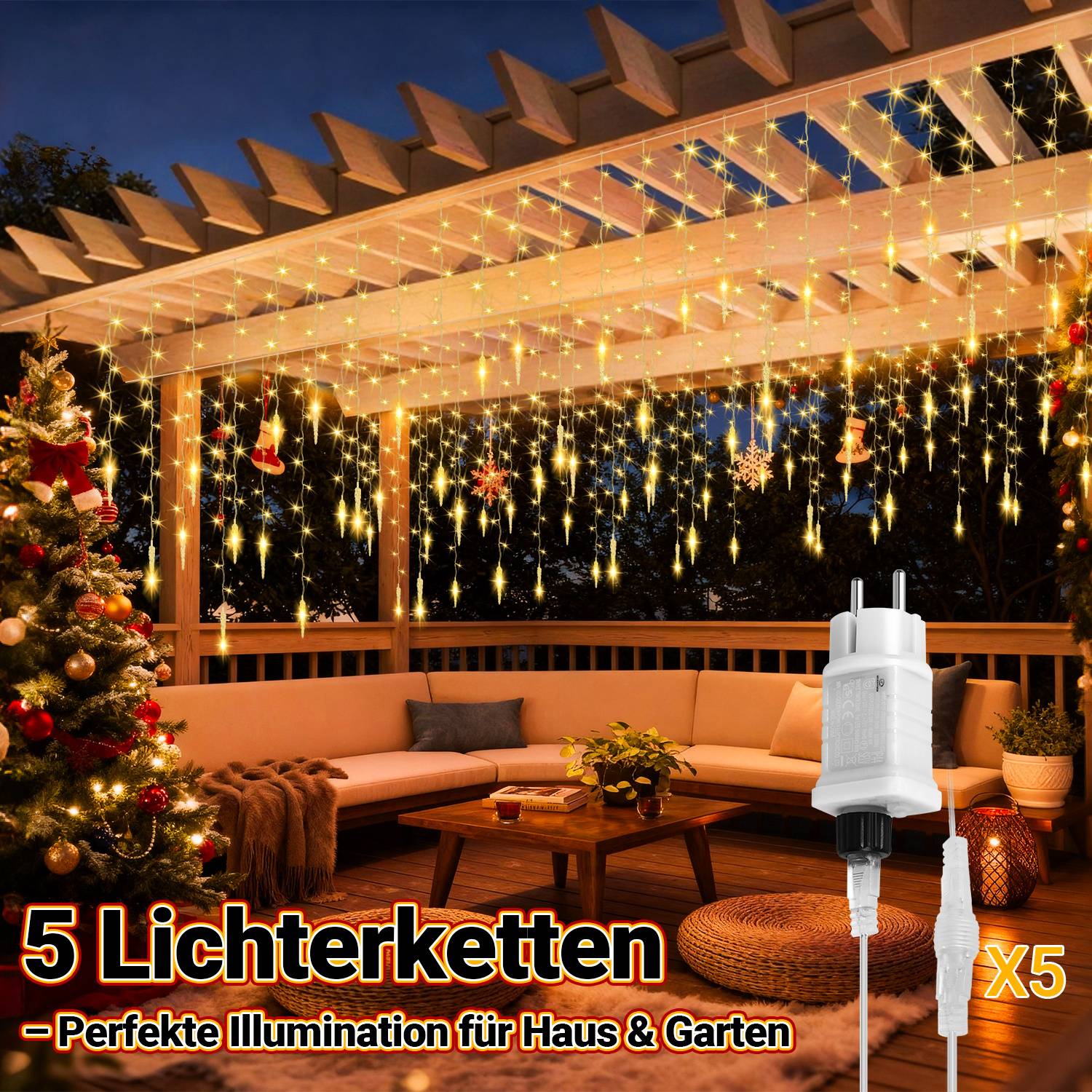 5M 360 LED Eisregen Eiszapfen Lichterkette mit 8 Modi Warmweiß IP44 Eisregen Eiszapfen Lichtervorhang mit Fernbedienung Outdoor Garten Deko