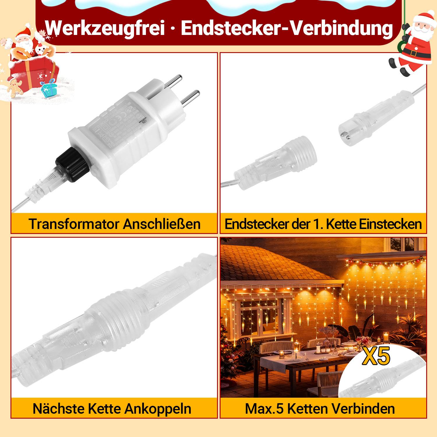 Anleitung zur Verbindung von Lichterketten in Reihe: Transformator anschließen, ersten Stecker einstecken, nächste Ketten verbinden, bis zu 5 Ketten.
