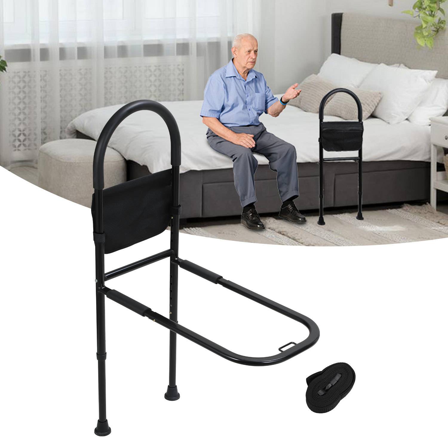 Höhenverstellbare Aufstehhilfe Bett für Senioren mit Haltegriffen, Anti-Rutsch & Aufbewahrungstasche - Stahlrahmen bis 150kg - Bettgitter als Einsti