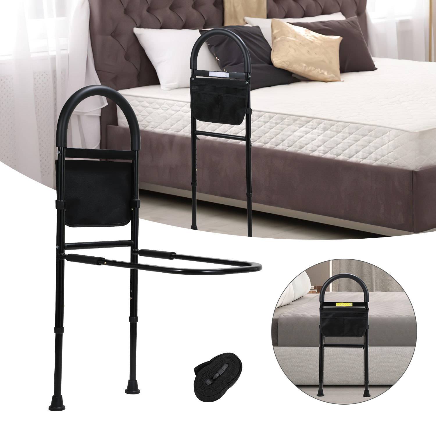 Höhenverstellbares Bettgitter mit Sensorlicht & Haltegriffen - Aufstehhilfe für Senioren mit Ablagetasche, Rausfallschutz und LED-Beleuchtung