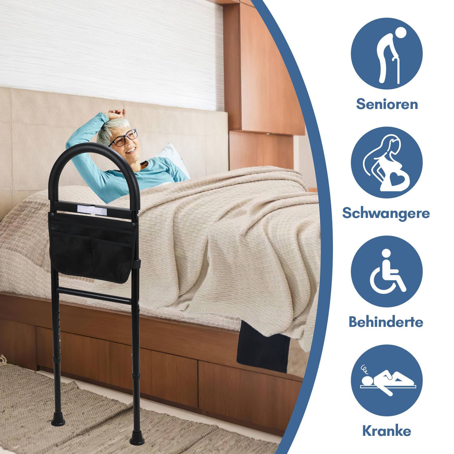 Höhenverstellbares Bettgitter mit Sensorlicht & Haltegriffen - Aufstehhilfe für Senioren mit Ablagetasche, Rausfallschutz und LED-Beleuchtung