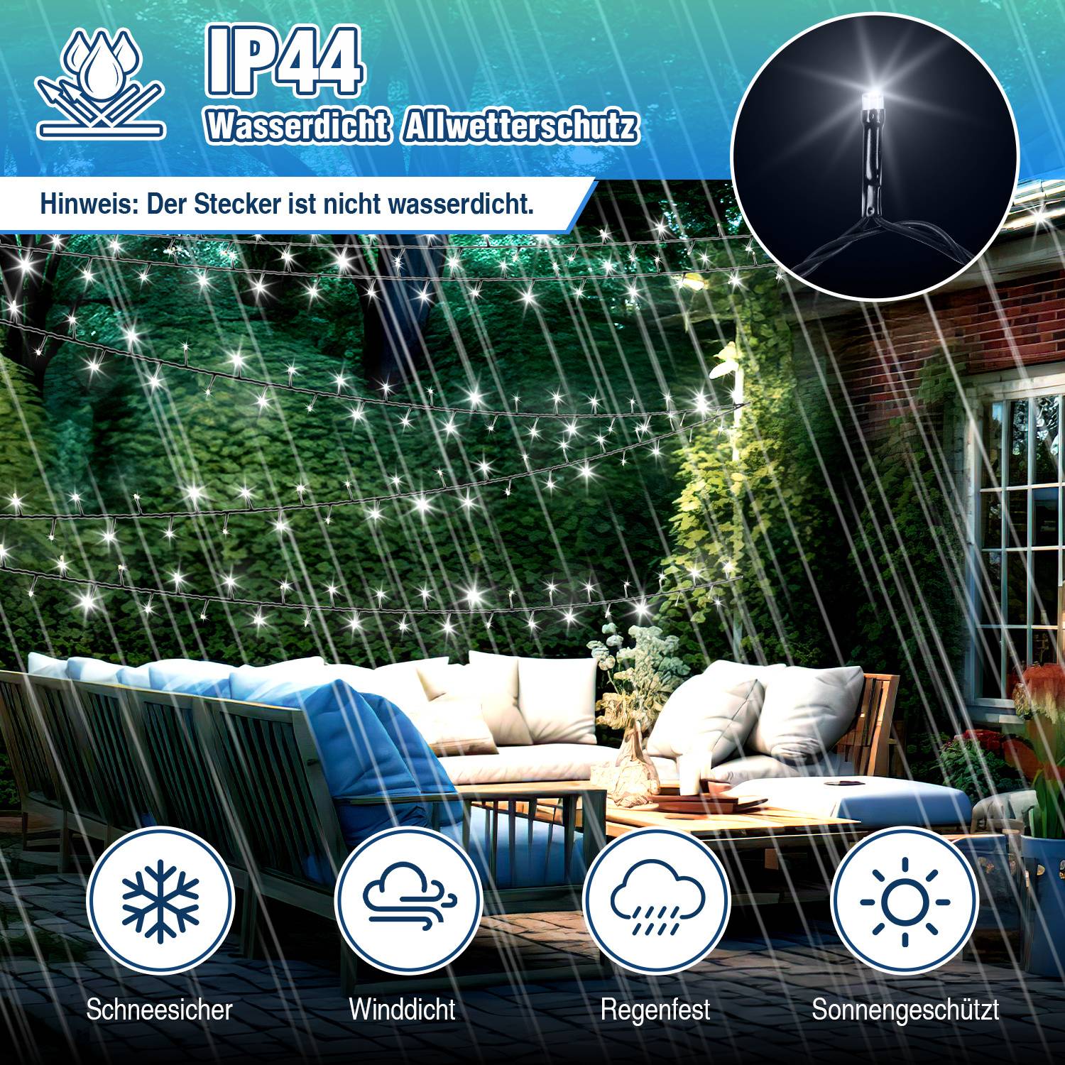 Outdoor-Lichterketten mit IP44-Schutzart; Text besagt „Wasserdicht, Allwetterschutz" und vermerkt, dass der Stecker nicht wasserdicht ist. Symbole zeigen Schnee-, Wind-, Regen- und Sonnenschutz.