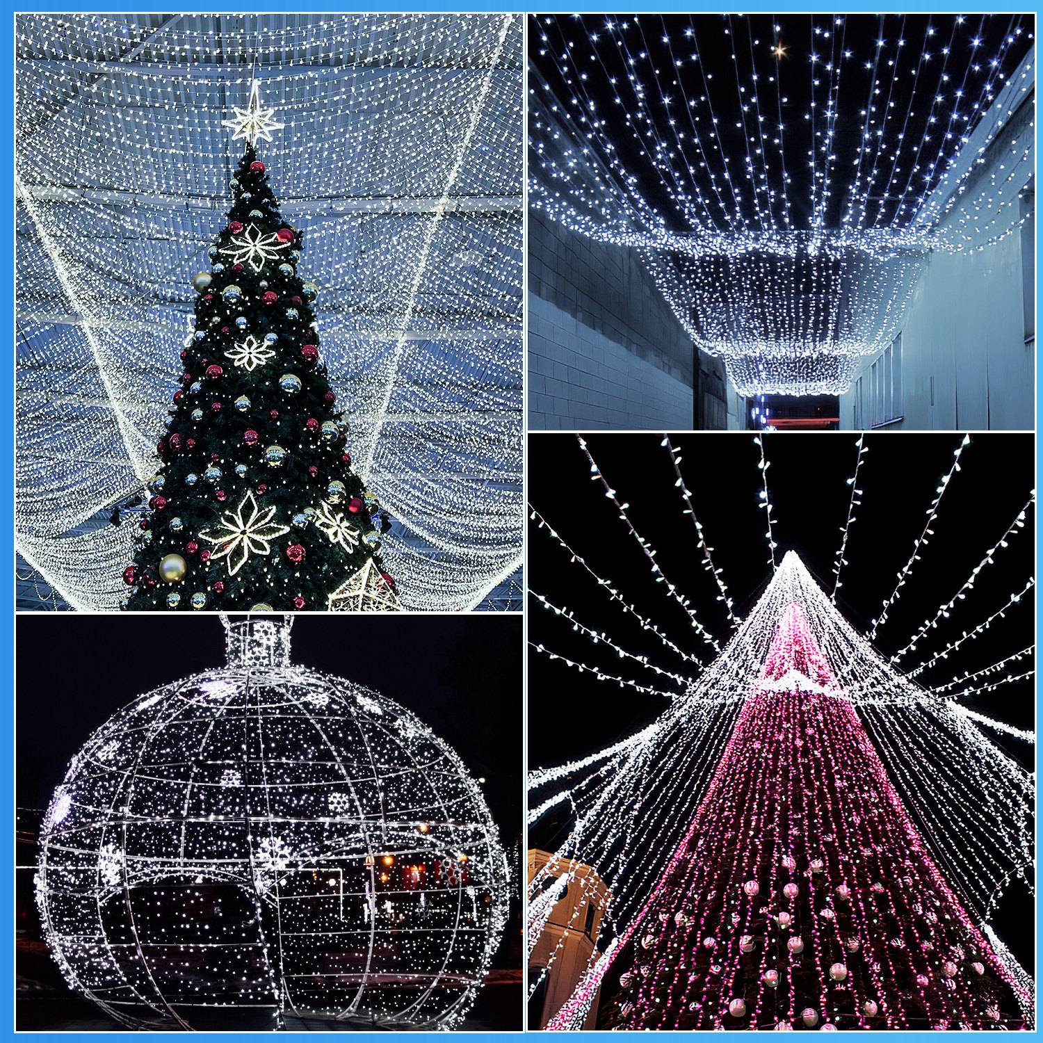 Collage von Weihnachtsbeleuchtungsdisplays: dekorierter Weihnachtsbaum, Decke mit weißen Lichtern, leuchtender Drahtglobus und ein nachts pink beleuchteter Kegelbäum.