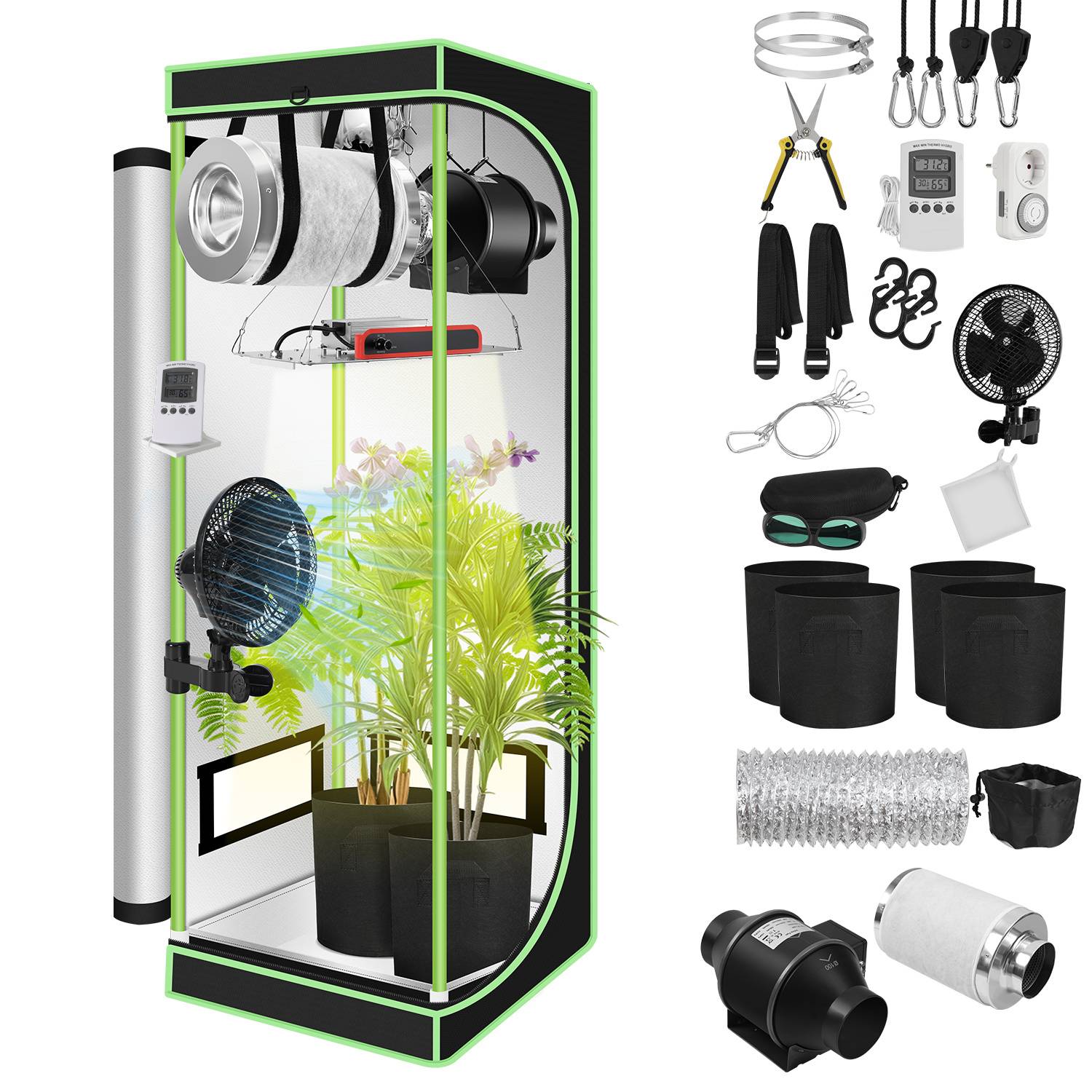 Growbox Komplettset,Indoor Gewächshaus mit 100W LED Vollspektrum Dimmbar, Carbon-Filter, Ventilator, Anzuchtzelt, Zuchtzelt,60x60x140
