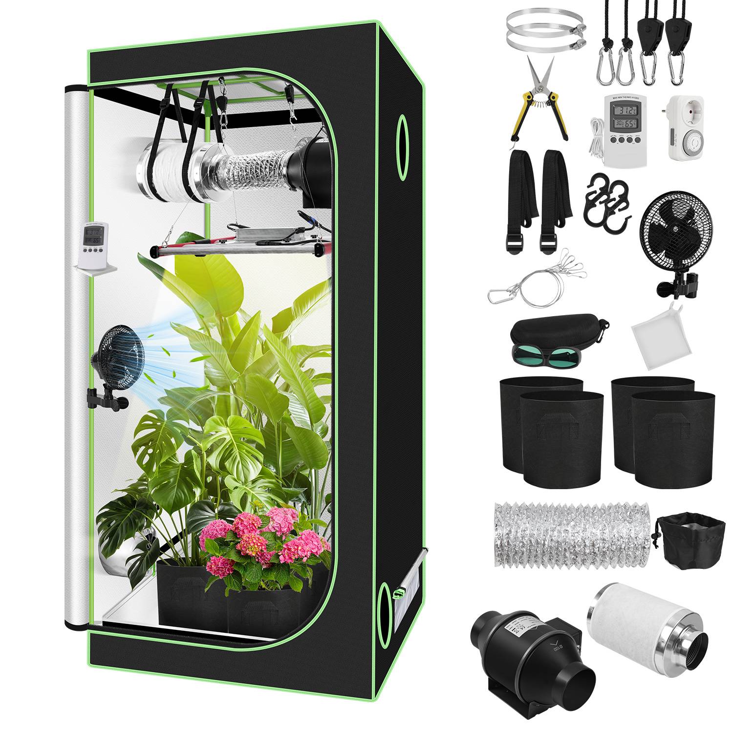 Growbox Komplettset,Indoor Gewächshaus mit 240W LED Vollspektrum Dimmbar, Carbon-Filter, Ventilator, Anzuchtzelt, Zuchtzelt,100x100x200