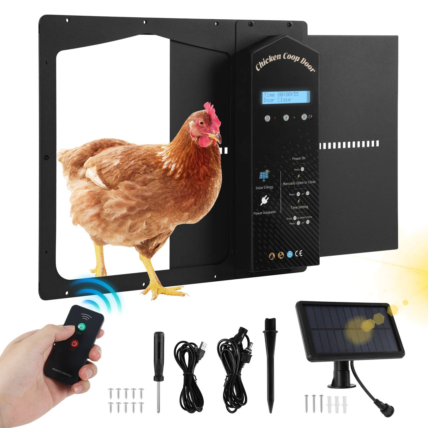 Automatische Hühnerstallür mit einer Henne in der Türöffnung, sowie Fernbedienung, Verkabelung, Befestigungsschrauben und Solarpanel-Zubehör, die unten abgebildet sind.