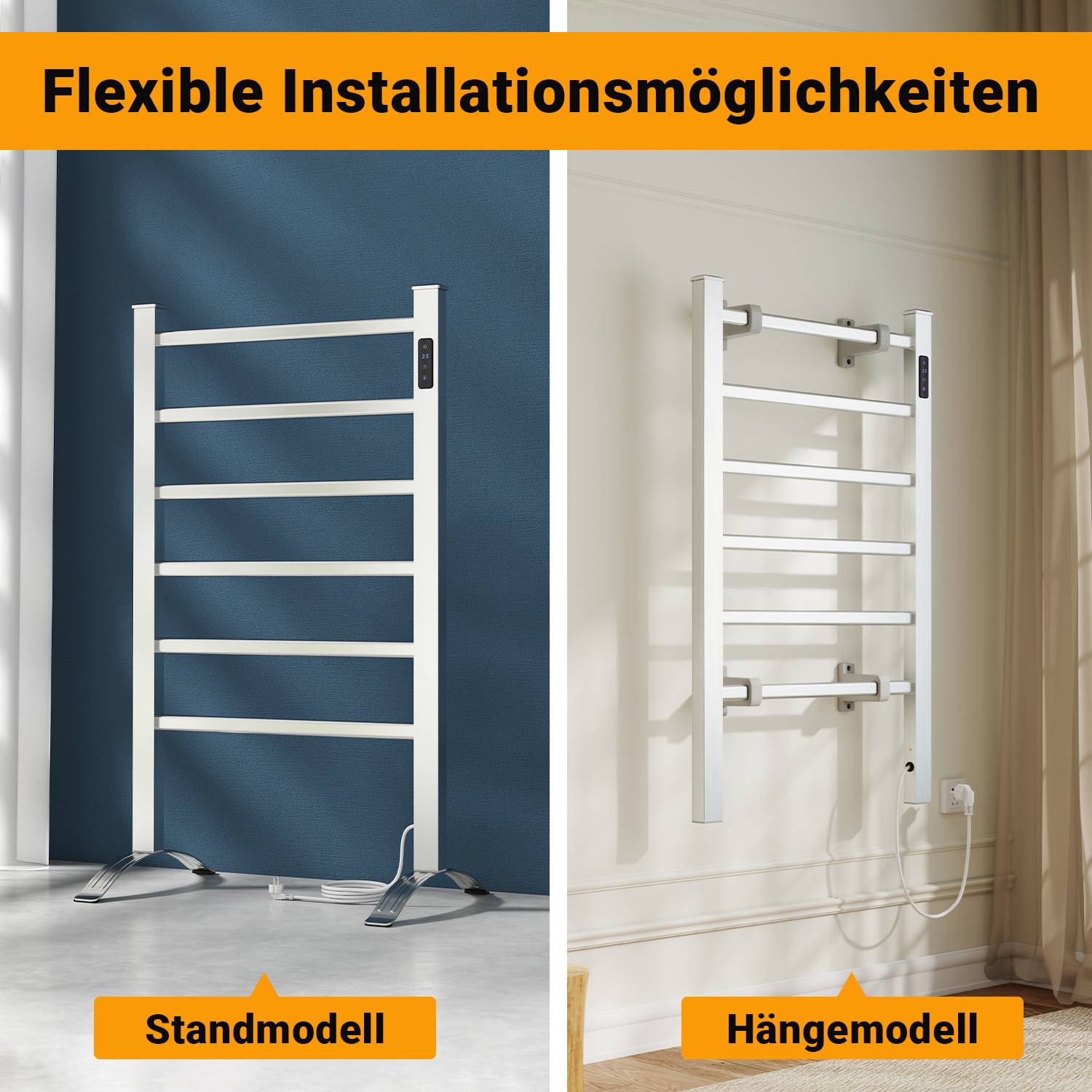 Handtuchtrockner Badheizkörper Elektrisch mit Timing Handtuchwärmer 860x 530mm Silber Handtuchhalter Heizkörper mit 100W Heizstab