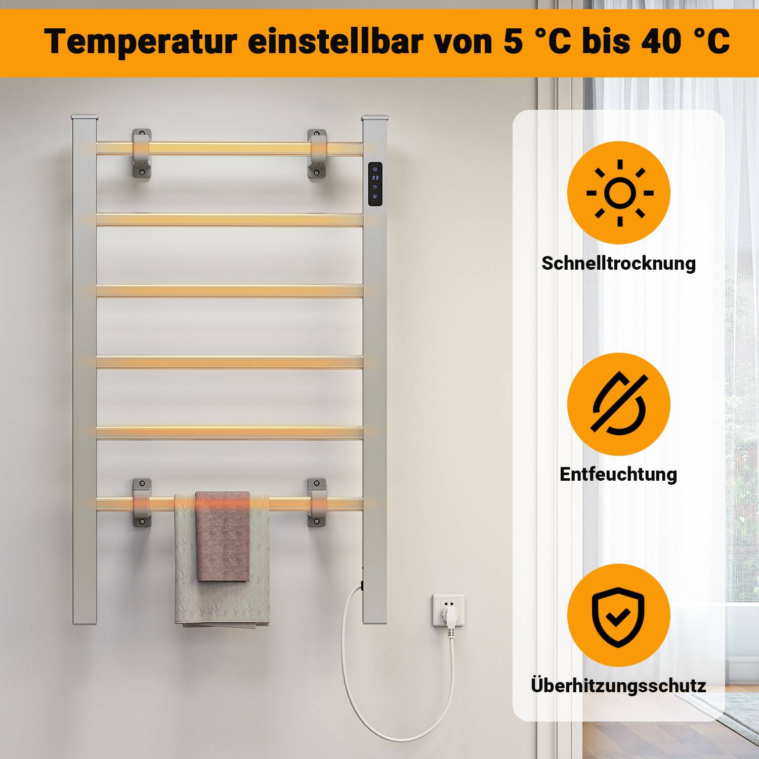 Handtuchtrockner Badheizkörper Elektrisch 860 x 530mm Silber Elektrischer mit Thermostat Timing mit 100W Heizstab für 4 ㎡ Badezimmer