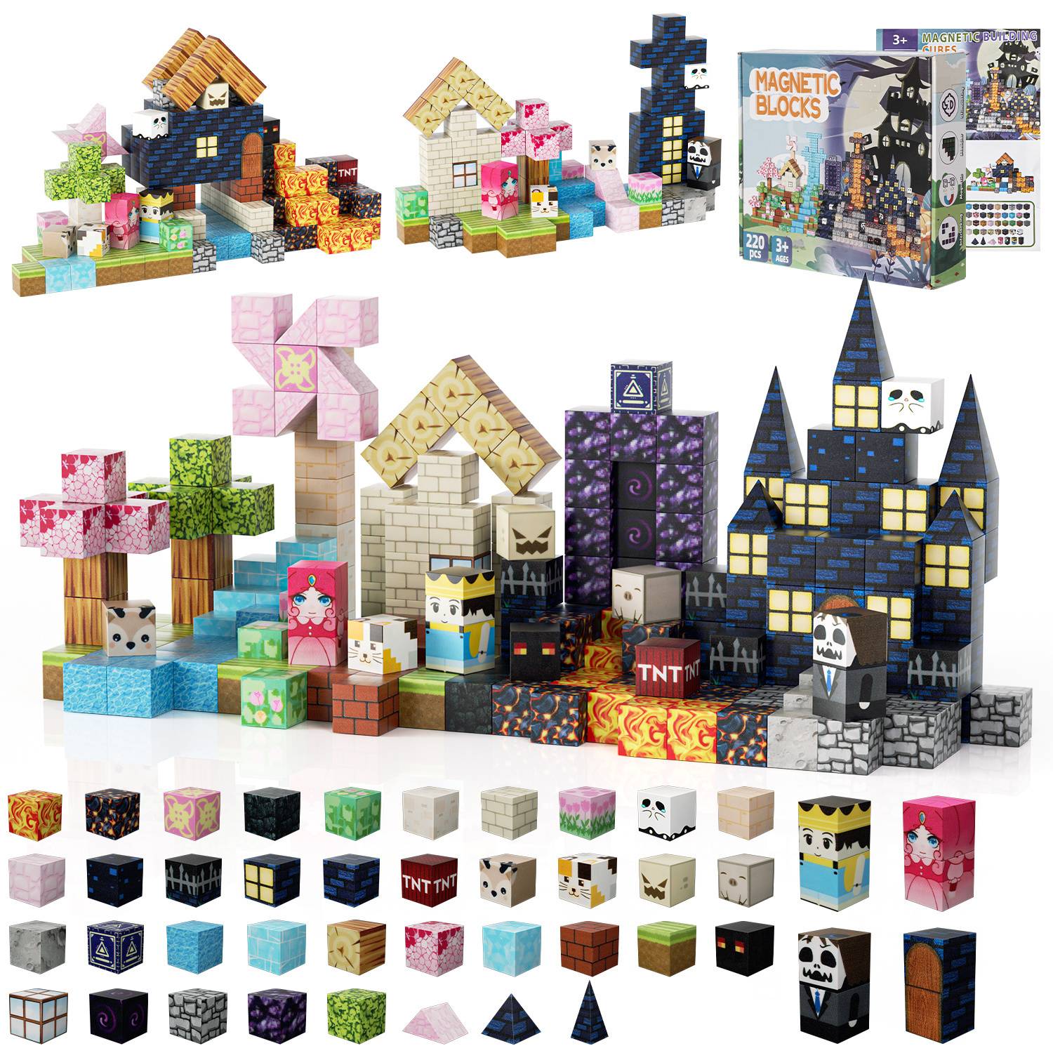 Magnetische Bausteine 220 Teile – Kreatives Lernspielzeug mit Starken Magneten – Perfekt als Weihnachts- & Halloween-Geschenk für Kinder