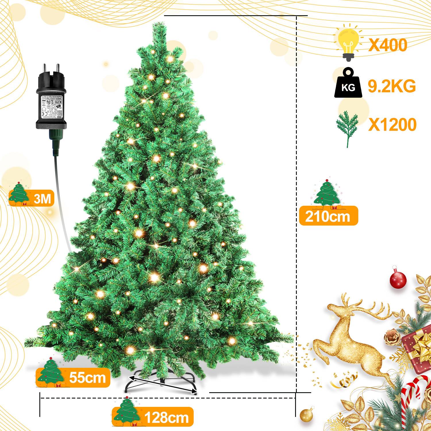 210cm Künstlicher Weihnachtsbaum mit LED-Beleuchtung 400 LEDs Warmweiß inkl. Metallfuß mit 1200 Spitzen Christbaum Tannenbaum PVC Grün
