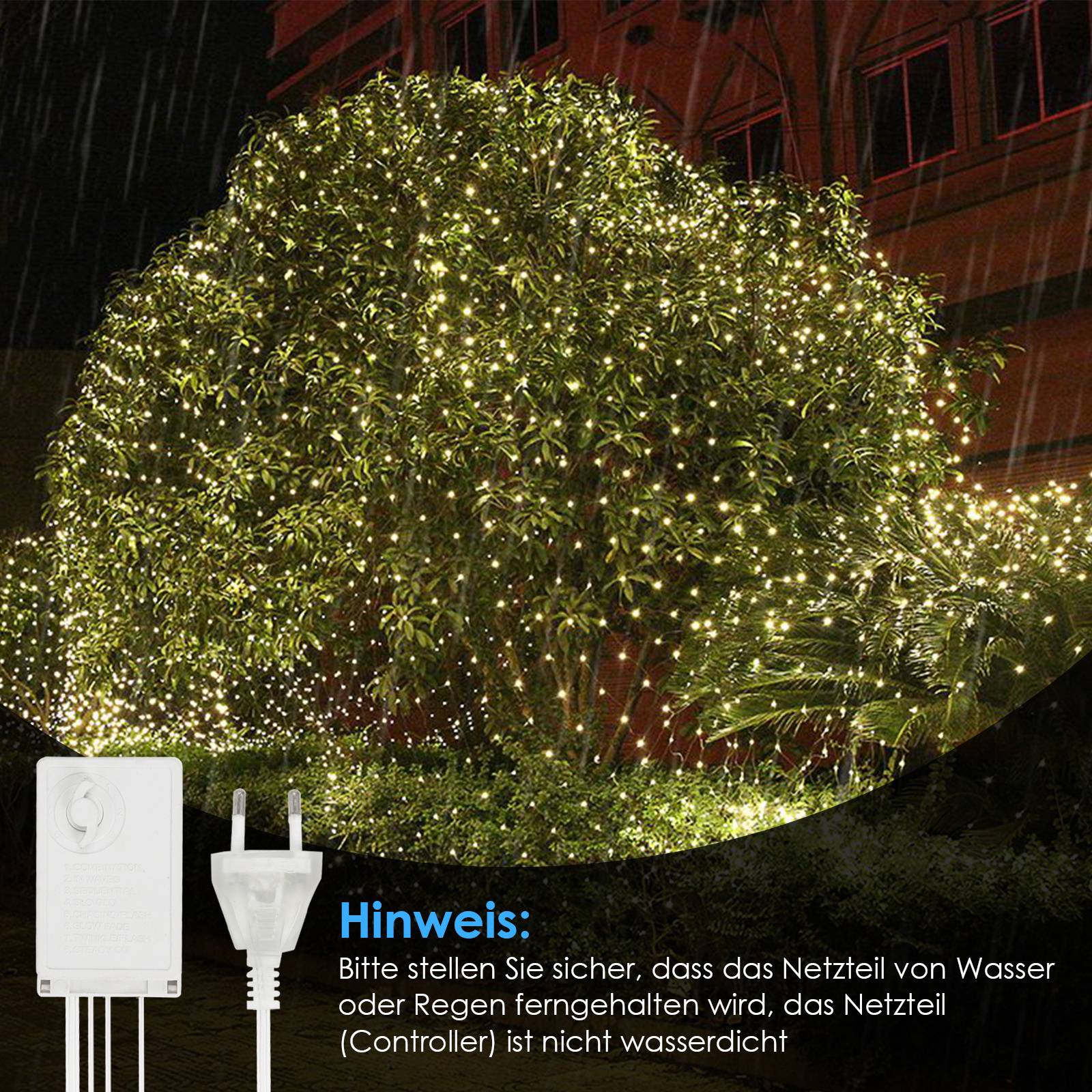 LED Lichternetz 2x2m 200 LEDs Warmweiß Lichterkette IP44 8 Beleuchtungsmodi Speicherfunktion für Innen & Außen mit Transparent Kabel
