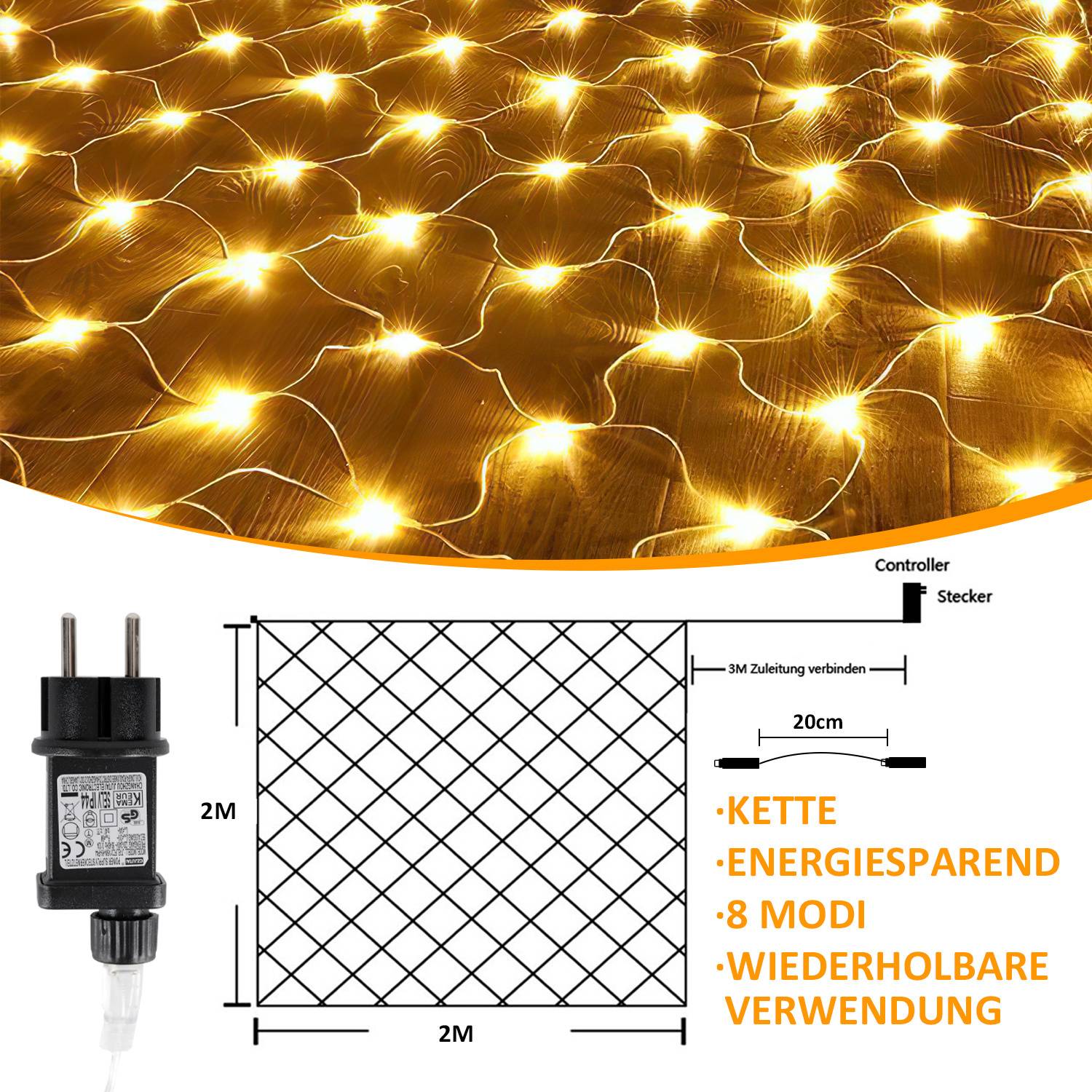 LED Lichternetz 2x2m 200 LEDs Warmweiß Lichterkette IP44 8 Beleuchtungsmodi Speicherfunktion für Innen & Außen mit Transparent Kabel