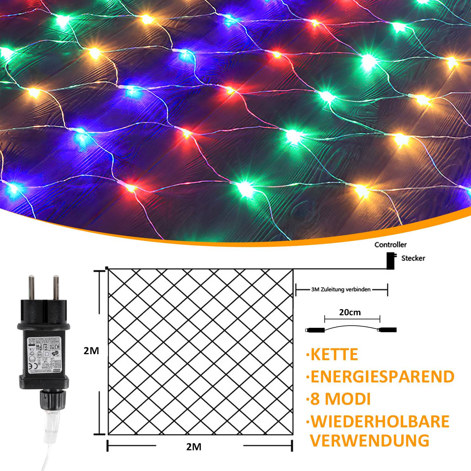 LED Lichternetz 2x2m 200 LEDs Bunt Lichterkette IP44 8 Beleuchtungsmodi Speicherfunktion für Innen & Außen mit Transparent Kabel