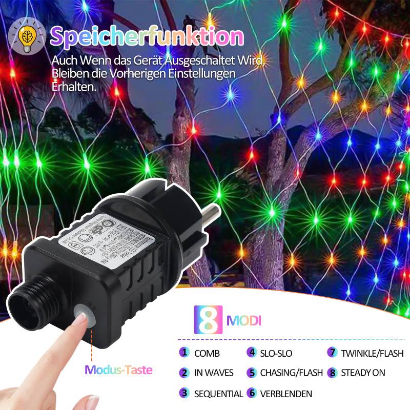 LED Lichternetz 2x2m 200 LEDs Bunt Lichterkette IP44 8 Beleuchtungsmodi Speicherfunktion für Innen & Außen mit Transparent Kabel