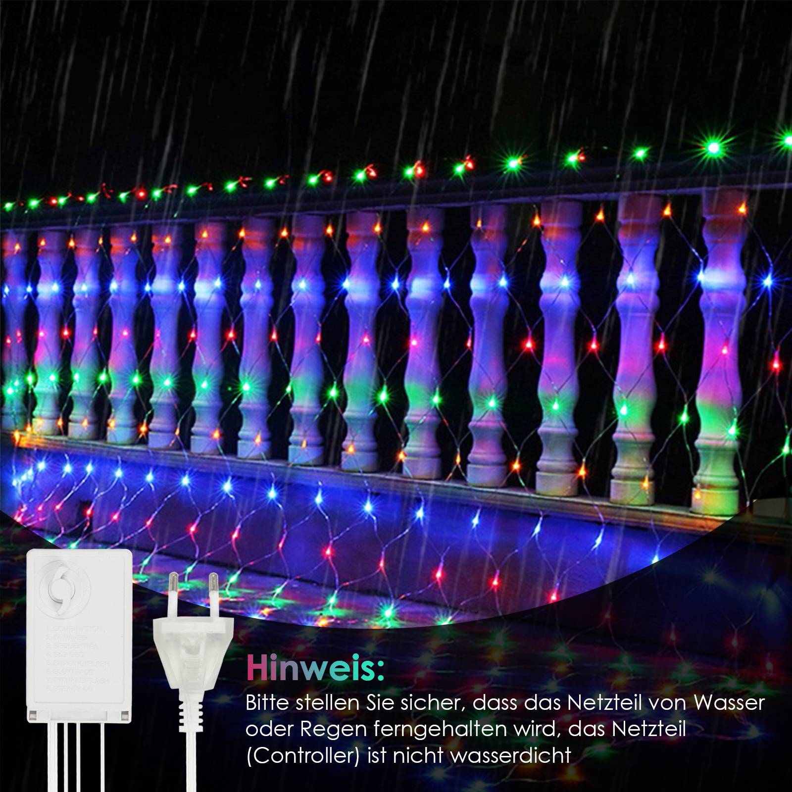 LED Lichternetz 4.5x1.6m 300 LEDs Bunt Lichterkette IP44 8 Beleuchtungsmodi Speicherfunktion für Innen & Außen mit Transparent Kabel