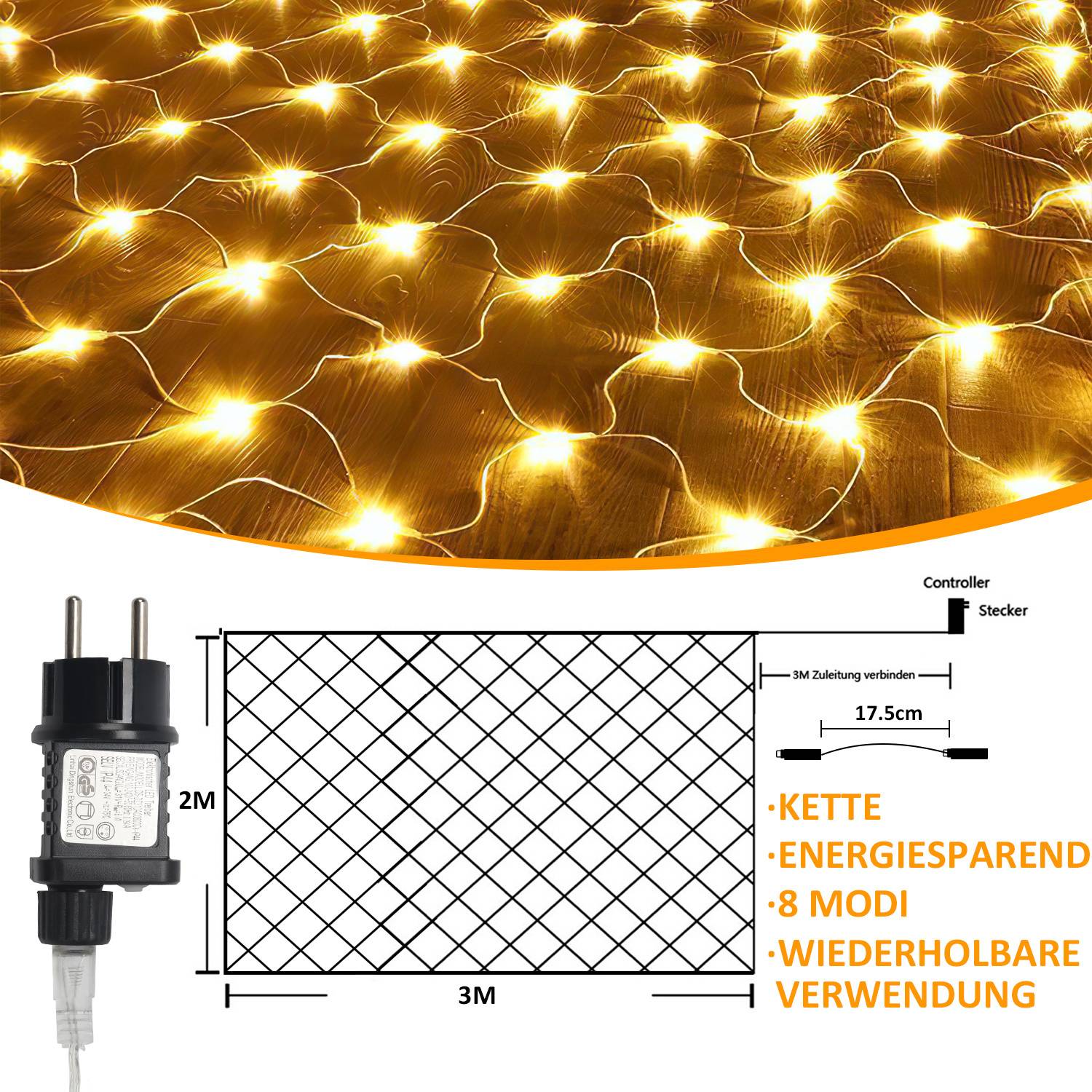 LED Lichternetz 3x2m 200 LEDs Warmweiß Lichterkette IP44 8 Beleuchtungsmodi Speicherfunktion für Innen & Außen mit Transparent Kabel