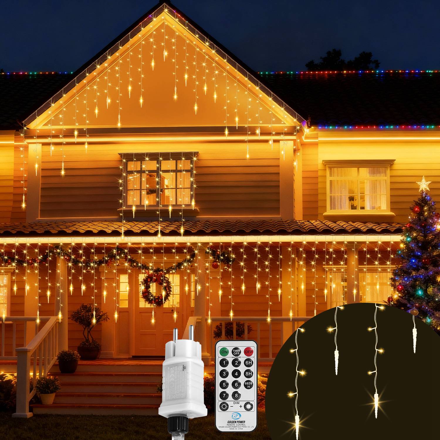 5M 360 LED Eisregen Eiszapfen Lichterkette mit 8 Modi Warmweiß IP44 Eisregen Eiszapfen Lichtervorhang mit Fernbedienung Outdoor Garten Deko