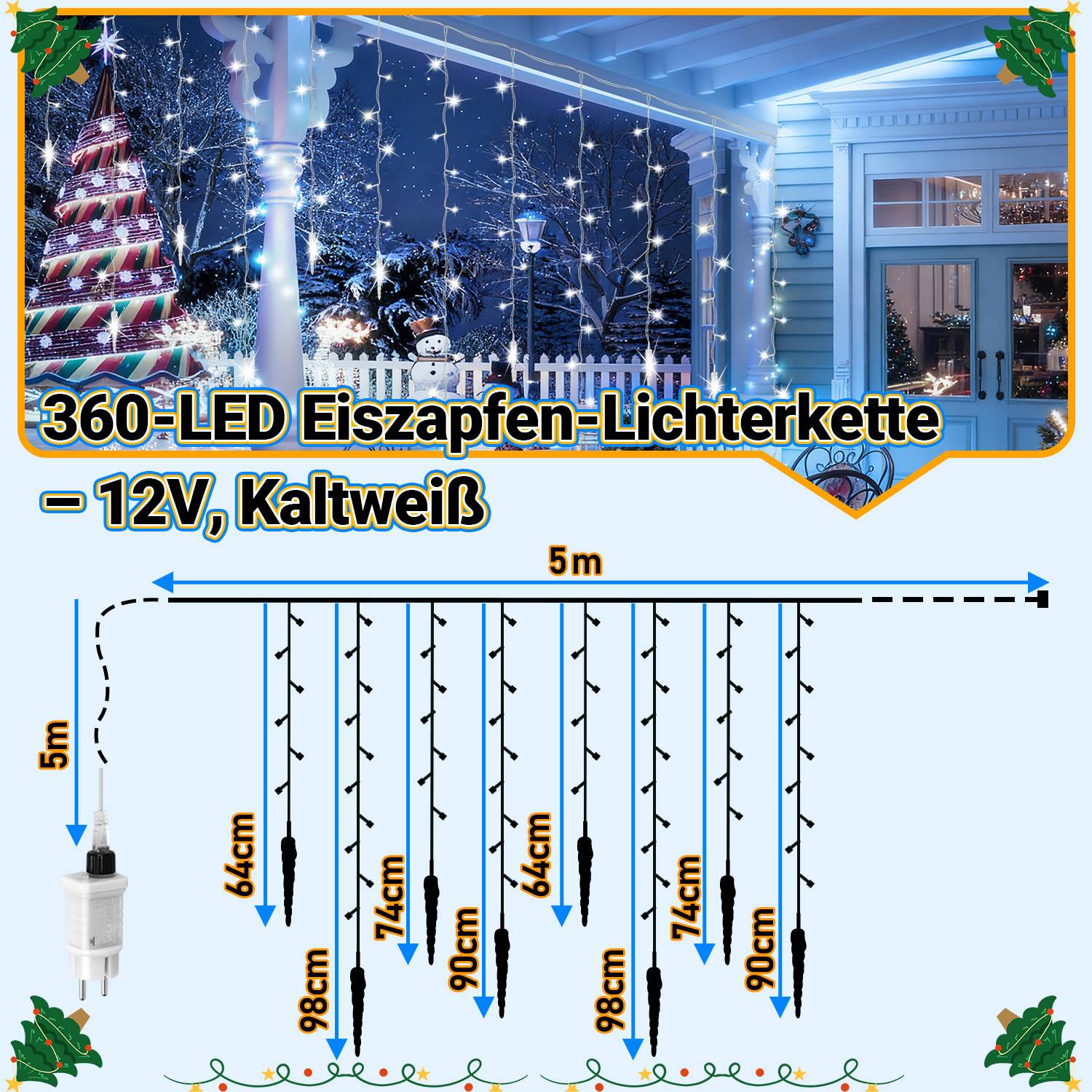 5M 360 LED Eisregen Eiszapfen Lichterkette mit 8 Modi Kaltweiß IP44 Eisregen Eiszapfen Lichtervorhang mit Fernbedienung Outdoor Garten Deko