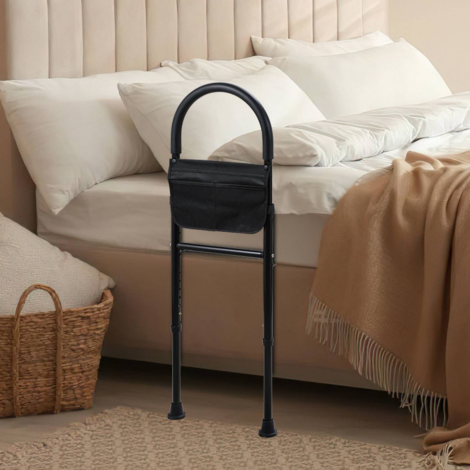 Höhenverstellbare Aufstehhilfe Bett für Senioren mit Haltegriffen, Anti-Rutsch & Aufbewahrungstasche - Stahlrahmen bis 150kg - Bettgitter als Einsti