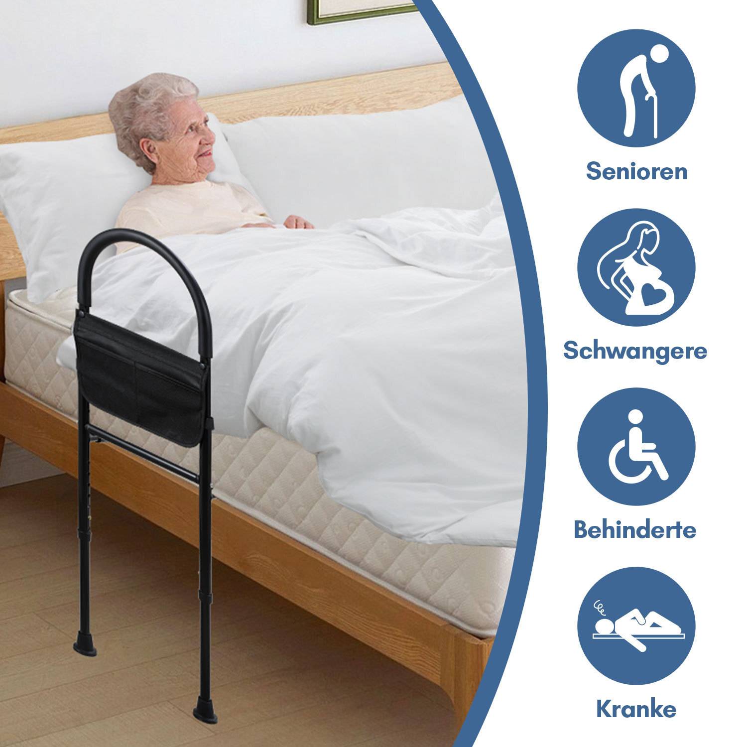 Höhenverstellbare Aufstehhilfe Bett für Senioren mit Haltegriffen, Anti-Rutsch & Aufbewahrungstasche - Stahlrahmen bis 150kg - Bettgitter als Einsti