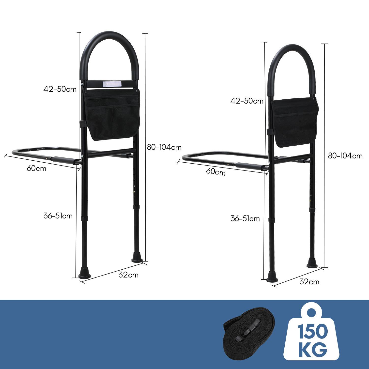 Höhenverstellbare Aufstehhilfe Bett für Senioren mit Haltegriffen, Anti-Rutsch & Aufbewahrungstasche - Stahlrahmen bis 150kg - Bettgitter als Einsti