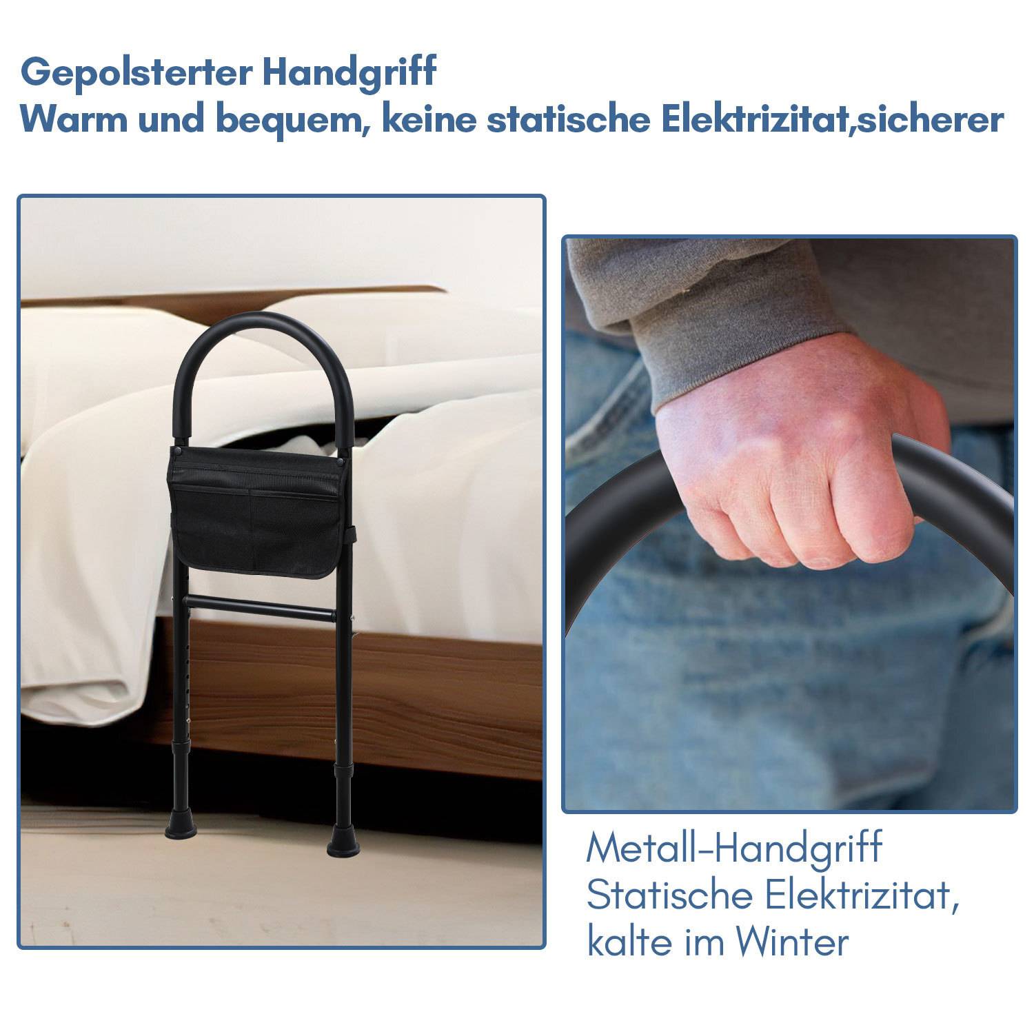 Höhenverstellbare Aufstehhilfe Bett für Senioren mit Haltegriffen, Anti-Rutsch & Aufbewahrungstasche - Stahlrahmen bis 150kg - Bettgitter als Einsti