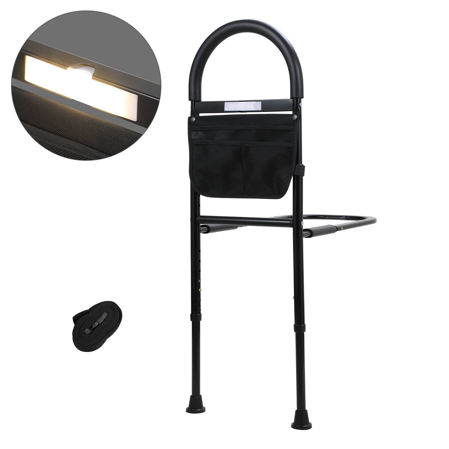 Höhenverstellbares Bettgitter mit Sensorlicht & Haltegriffen - Aufstehhilfe für Senioren mit Ablagetasche, Rausfallschutz und LED-Beleuchtung