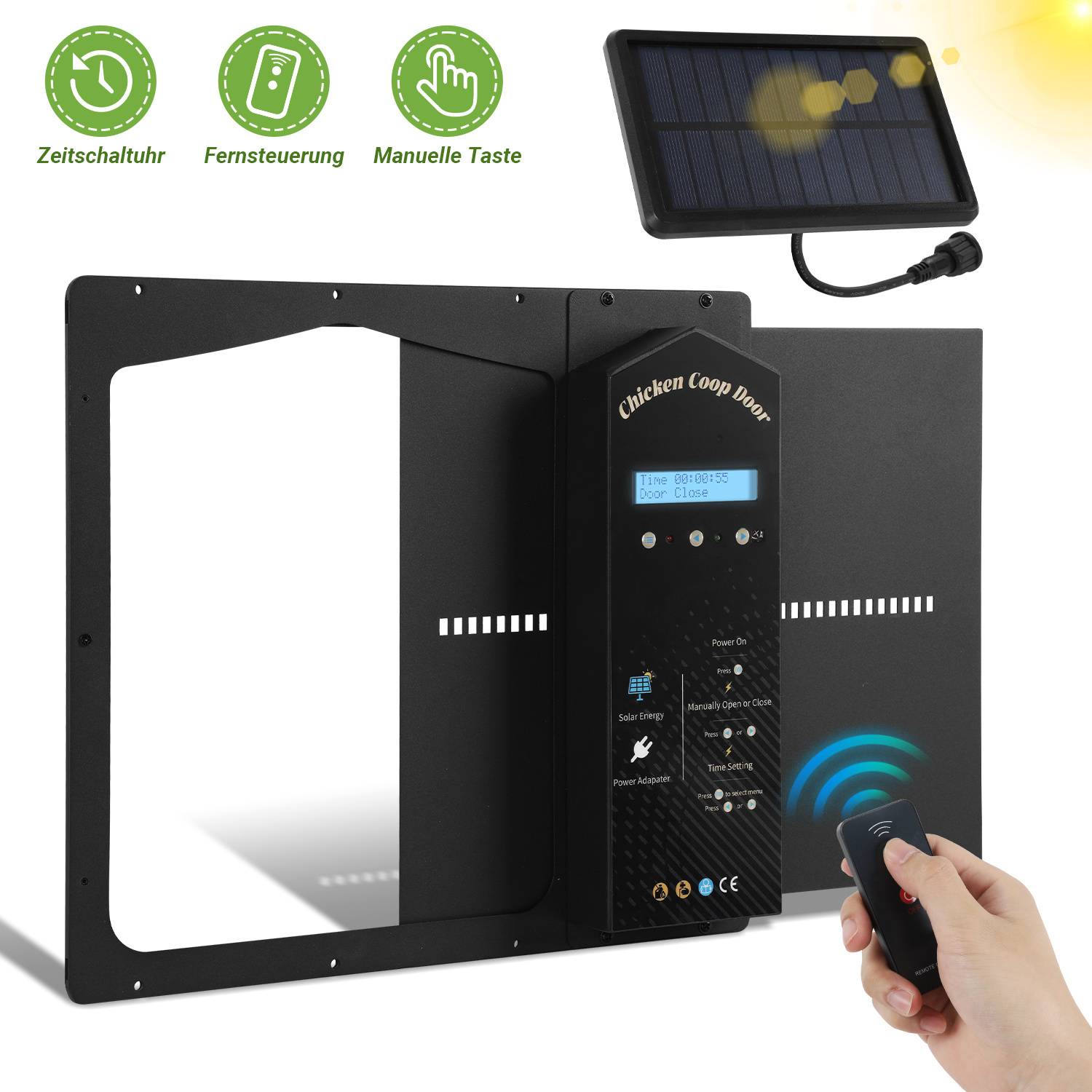 Hühnerklappe Seitlich öffnende Tür Automatische Hühnertür mit Fernbedienung, Aluminium – Ideal für Hühnerstall, Geflügelstall und Haustiere