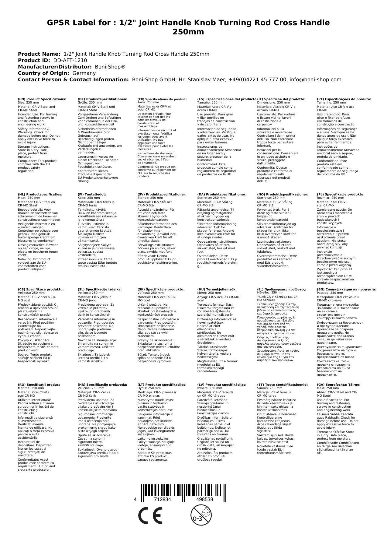 Gelenkgriff 1/2 Zoll, Knebelgriff, Drehstange, 250mm