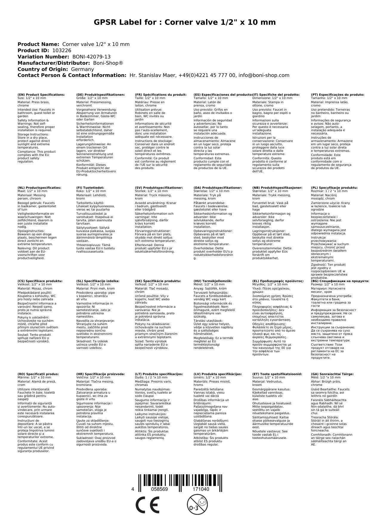 Eckventil 1/2 Zoll, verchromt, mit Quetschverschraubung 10mm