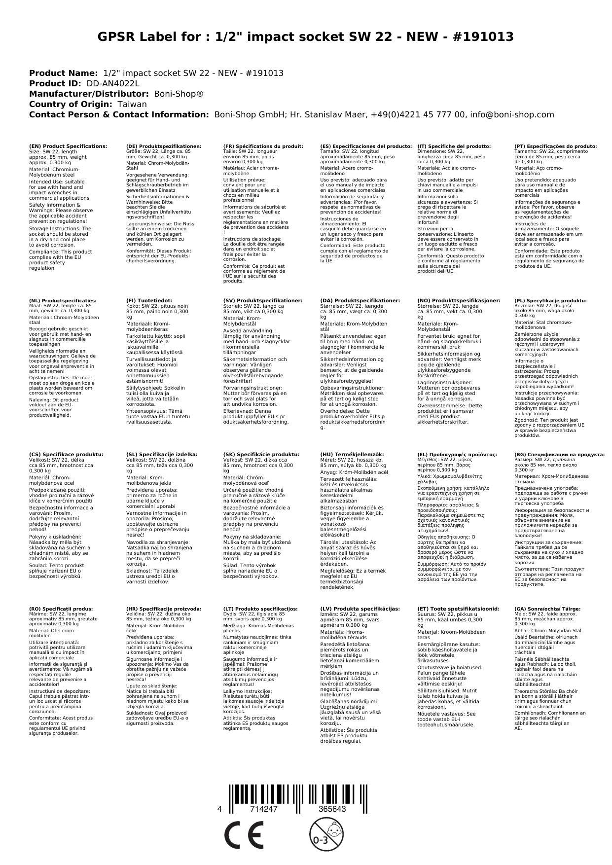Schlagschrauber Nuss, 1/2 Zoll, SW 22, Industriequalität