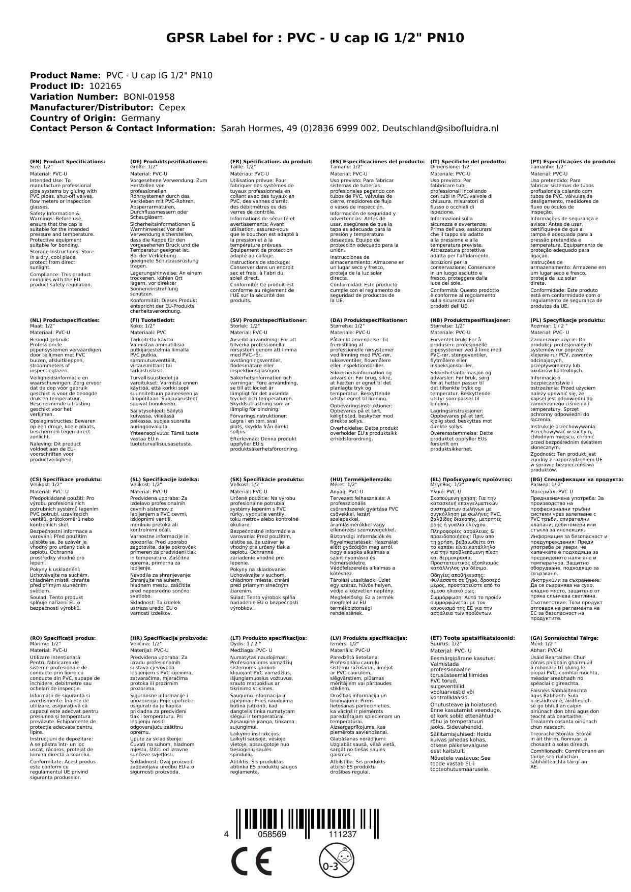 PVC Kappe 1/2 Zoll, Klebefitting, PN10, BONI