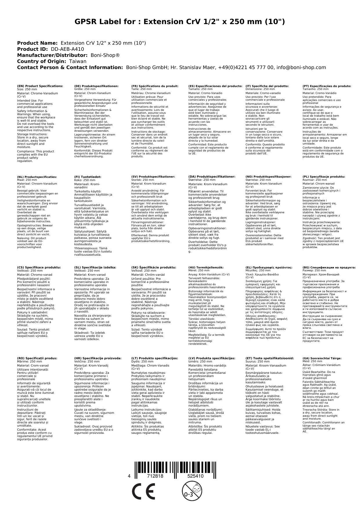 1/2 Zoll Verlängerung, 250mm, Steckschlüssel Verlängerung CrV