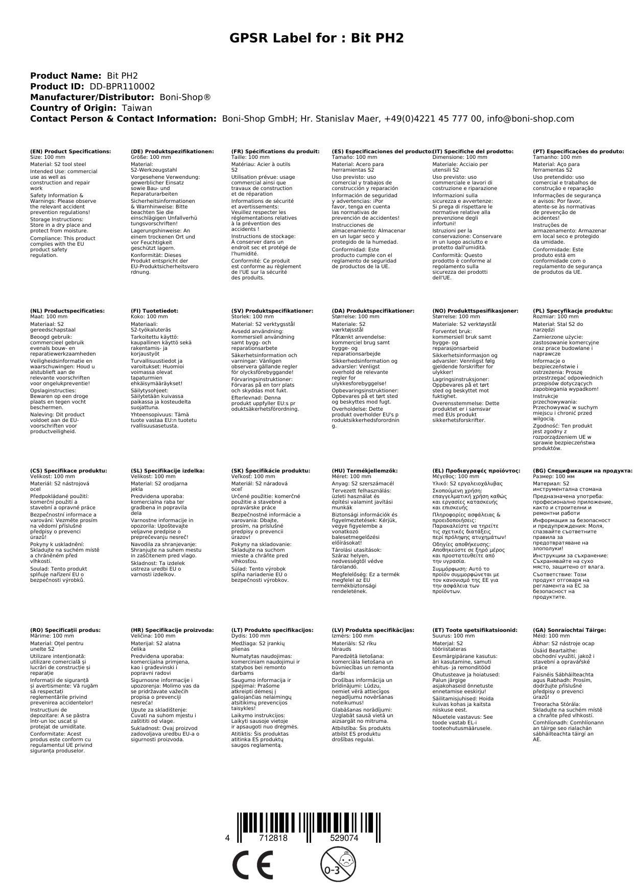 PH2 Bit lang, 100mm, S2 Stahl, Industriequalität