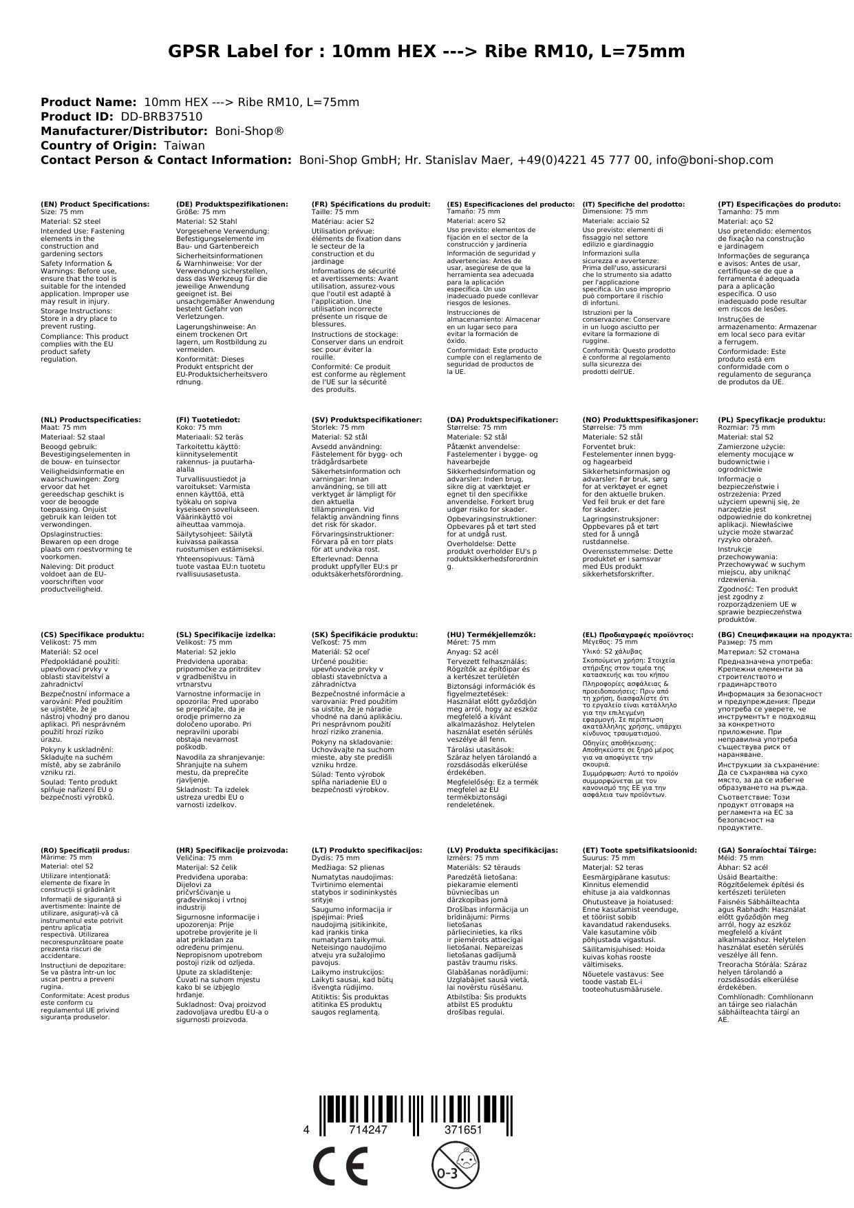 10mm Hex Bit, Ribe RM10 Bit, 75mm S2 Stahl Bit