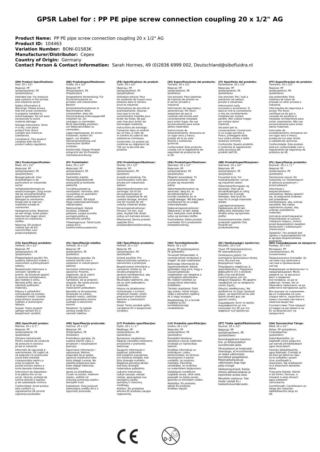 PE Rohr Verschraubung, 20mm Kupplung, 1/2 Zoll AG, Klemmverschraubung