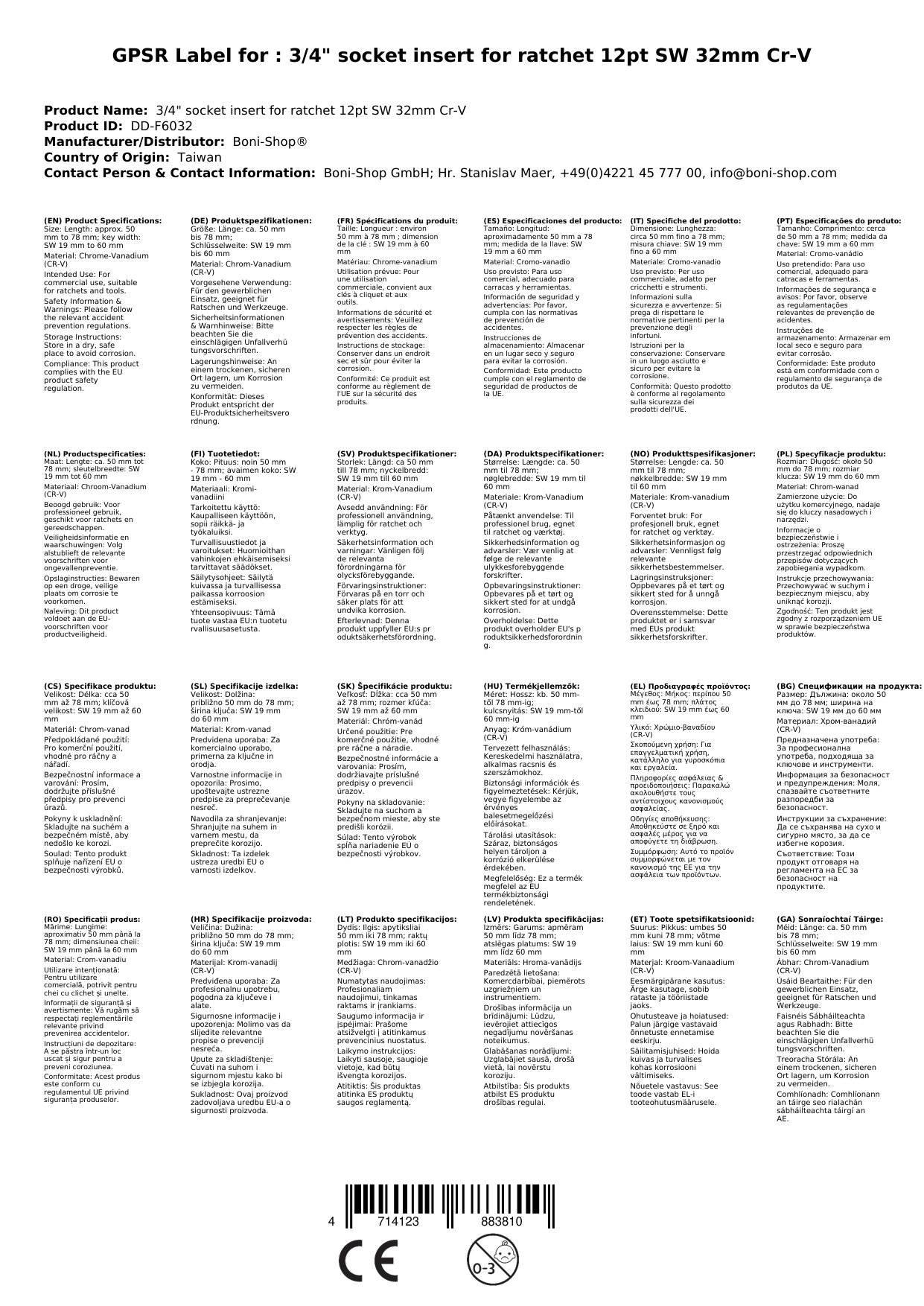 Stecknuss 3/4 zoll, 32mm Nuss, 12 Kant, Cr-V, für Knarre Ratsche
