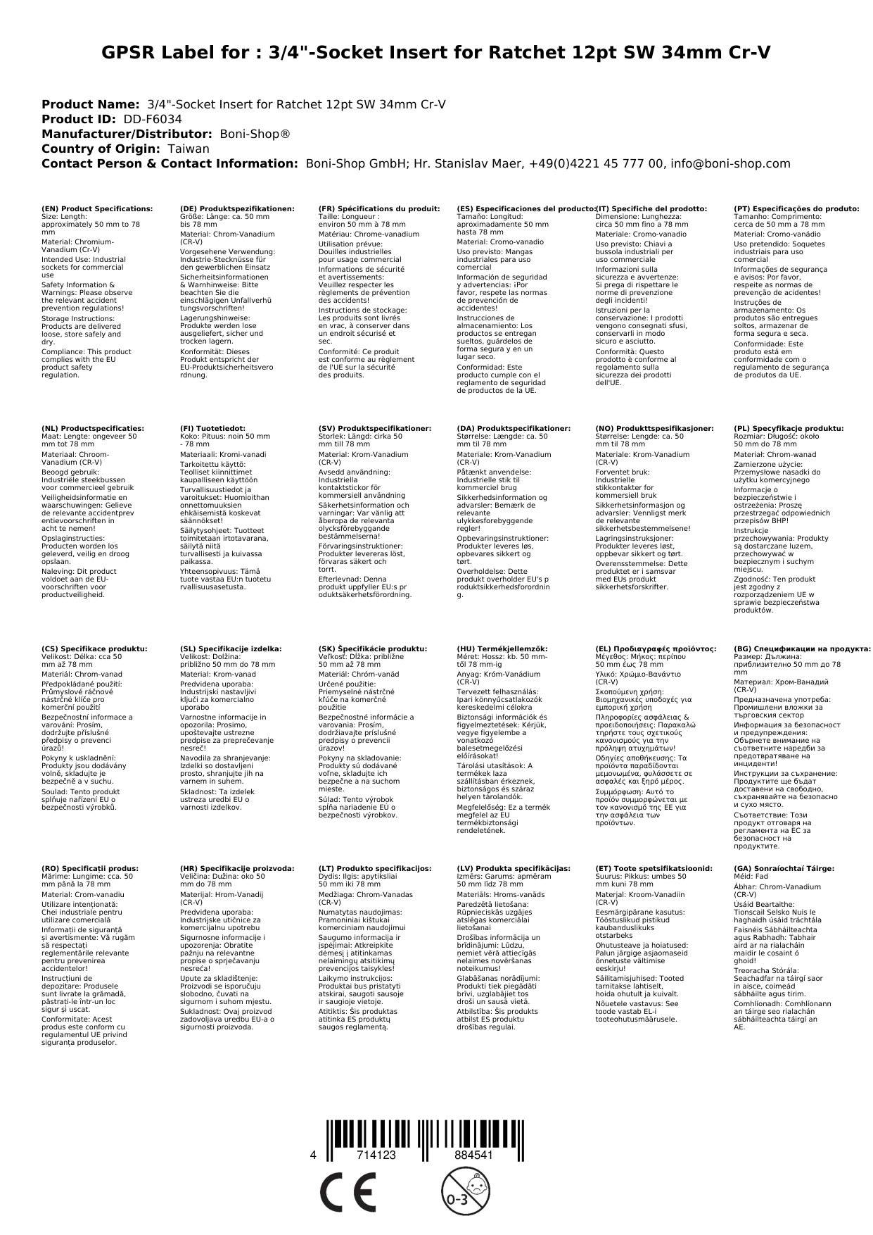Stecknuss 3 4 zoll, 34mm Nuss, Cr-V, 12-Kant, Knarre Ratsche