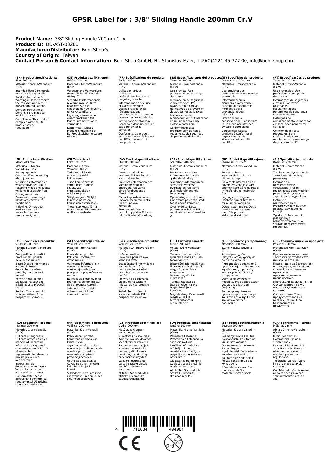 Gleitgriff 3/8 Zoll, CrV, 200mm - Profi Werkzeug